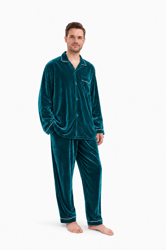 Teal Velvet Night Suit For Men