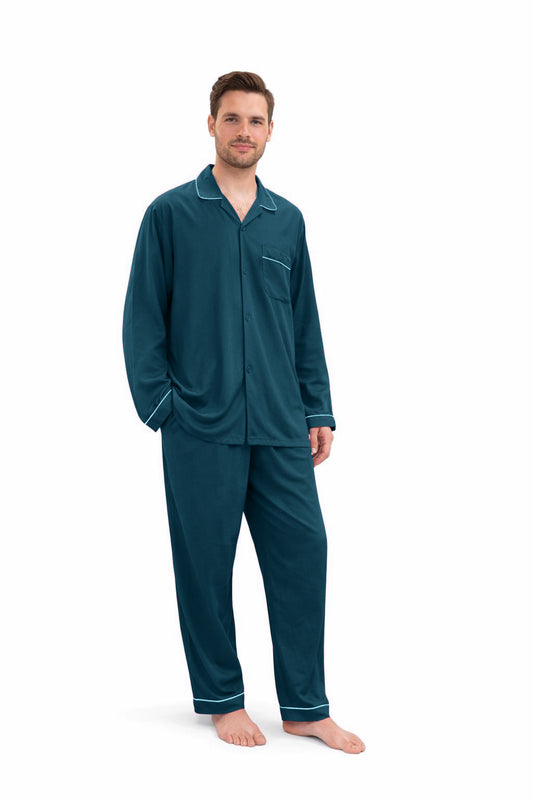 Teal Plain Imported Linen Night Suit for Men