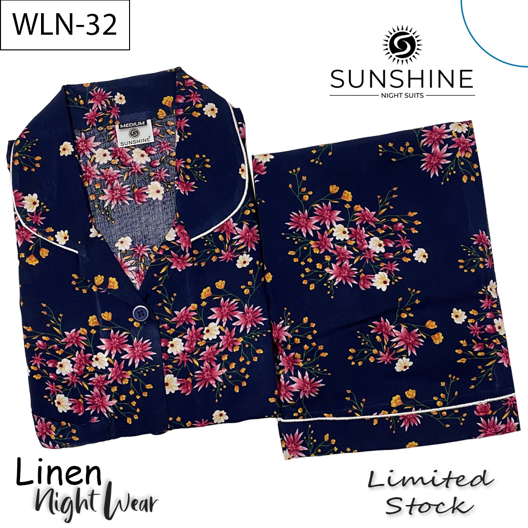 Navy Blue Flowers Linen Nightdress WLN-32