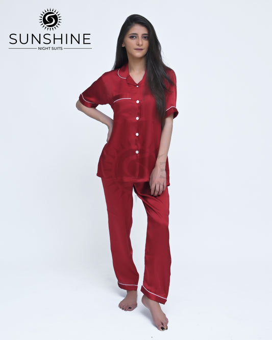 Wine Red Plain Shamoz Silk Nightdress WSSN-11