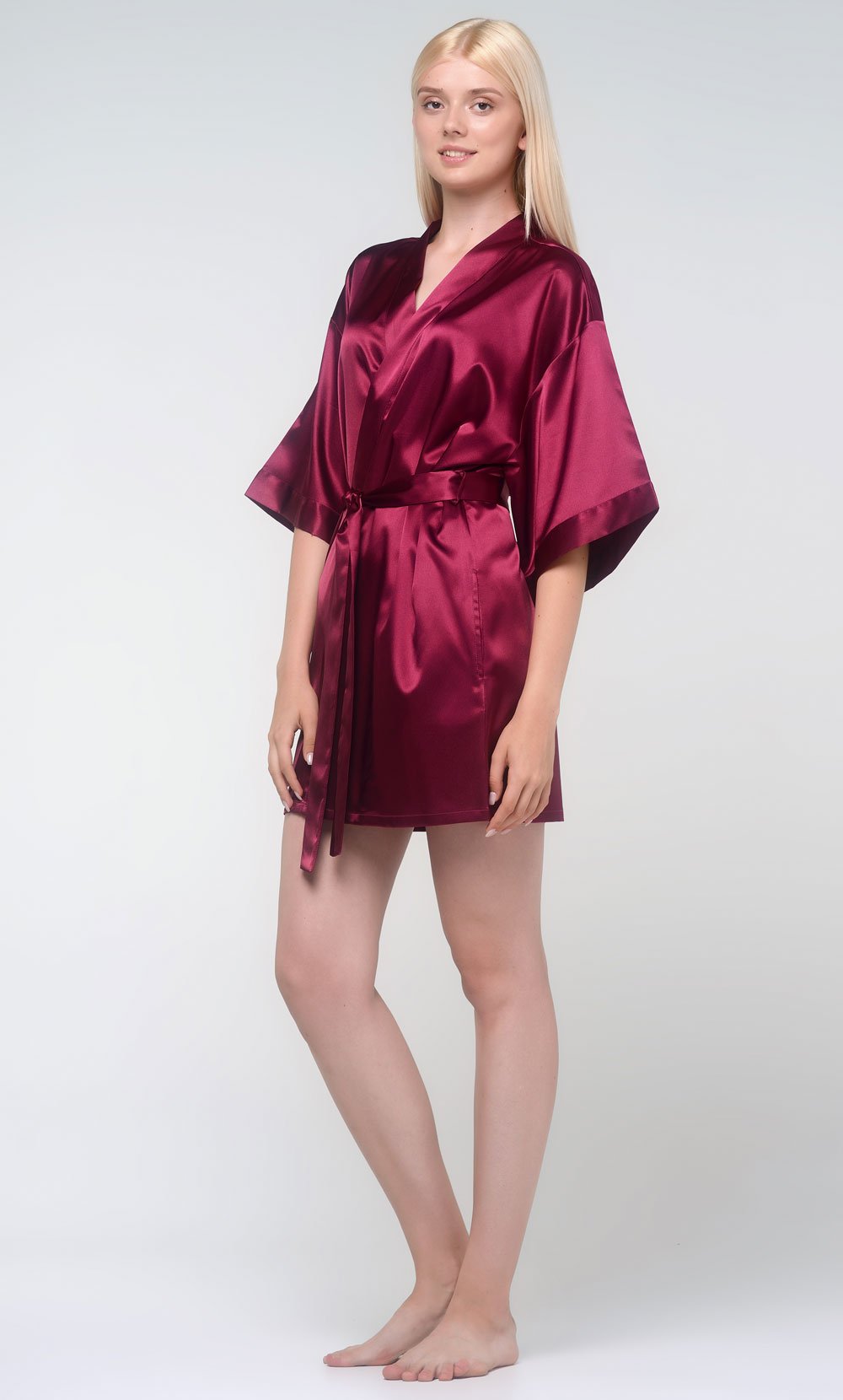 Maroon Silky Short Kimono Robe WSR-05