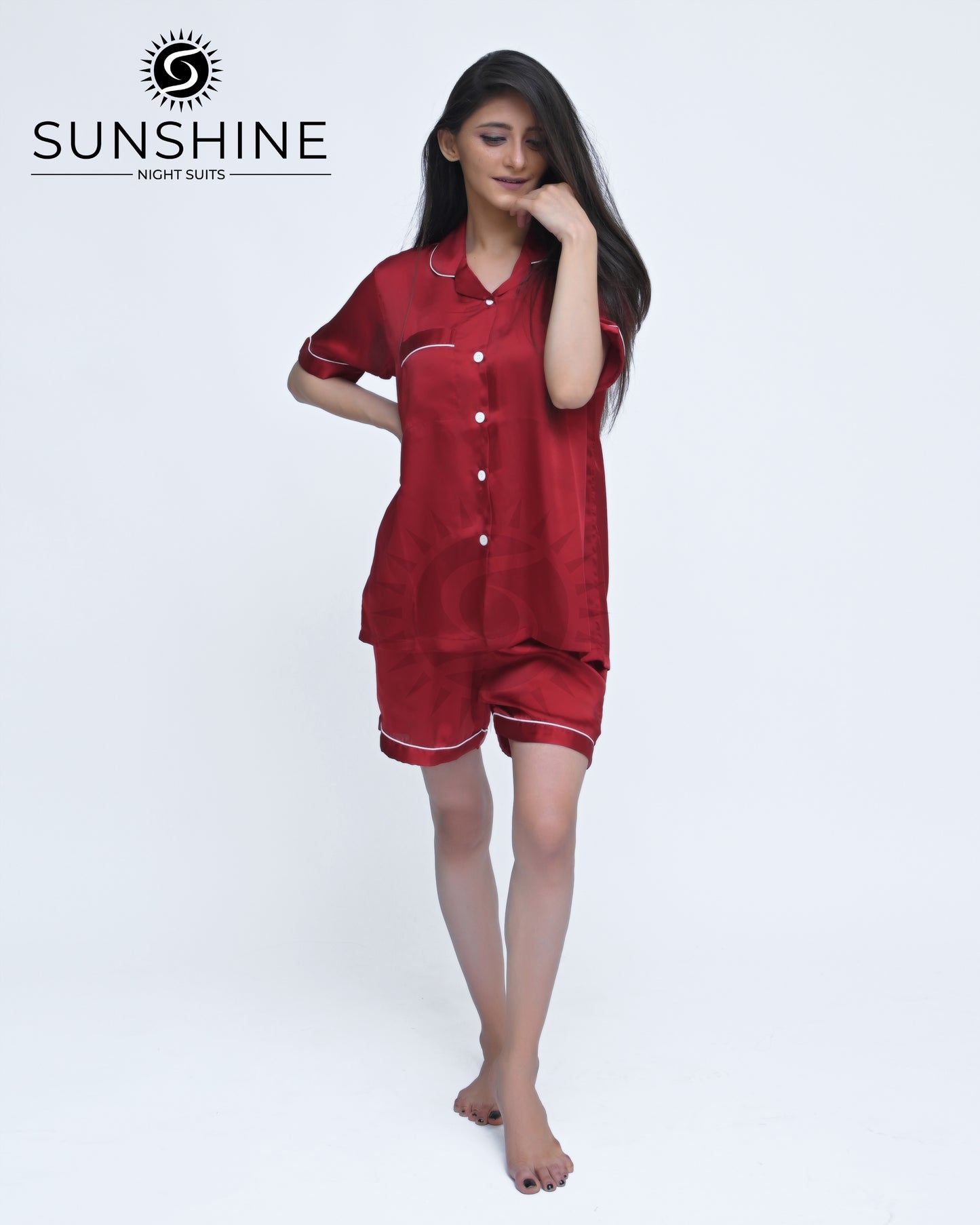 Wine Red Plain Shamoz Silk Nightdress WSSN-11