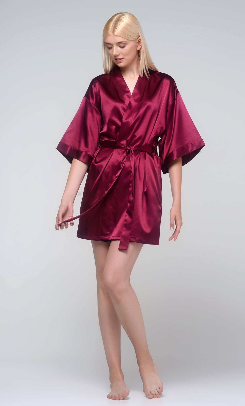 Maroon Silky Short Kimono Robe WSR-05