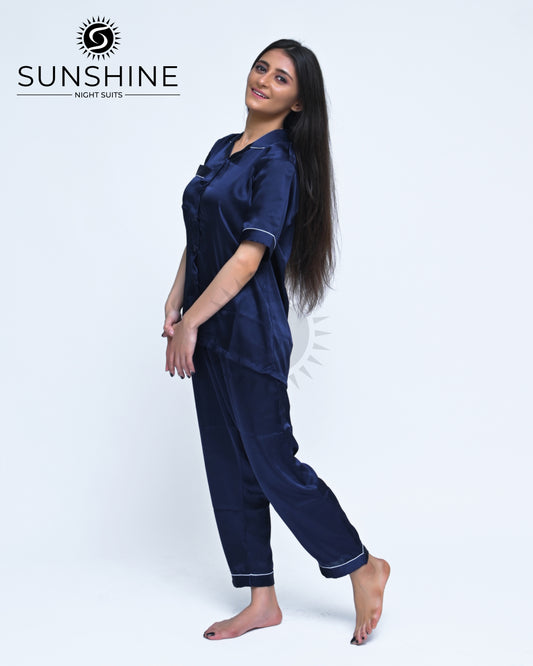 Navy Blue Plain Shamoz Silk Nightdress WSSN-11