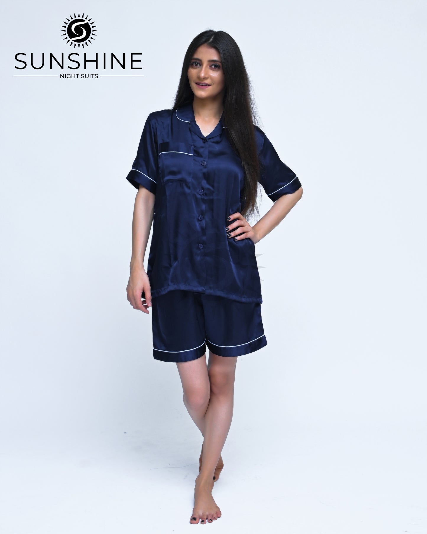 Navy Blue Plain Shamoz Silk Nightdress WSSN-11