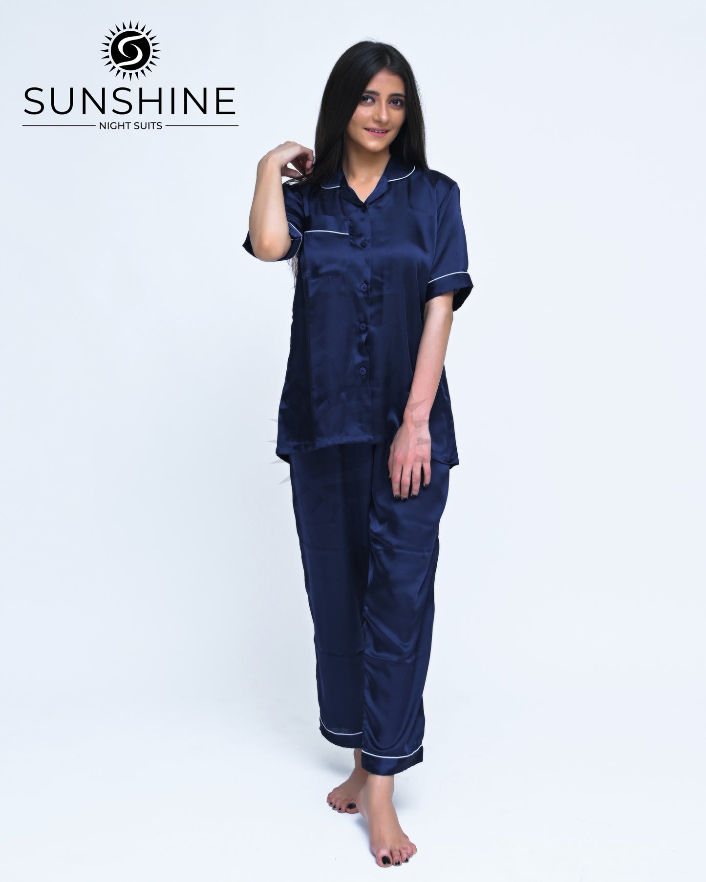 Navy Blue Plain Shamoz Silk Nightdress WSSN-11