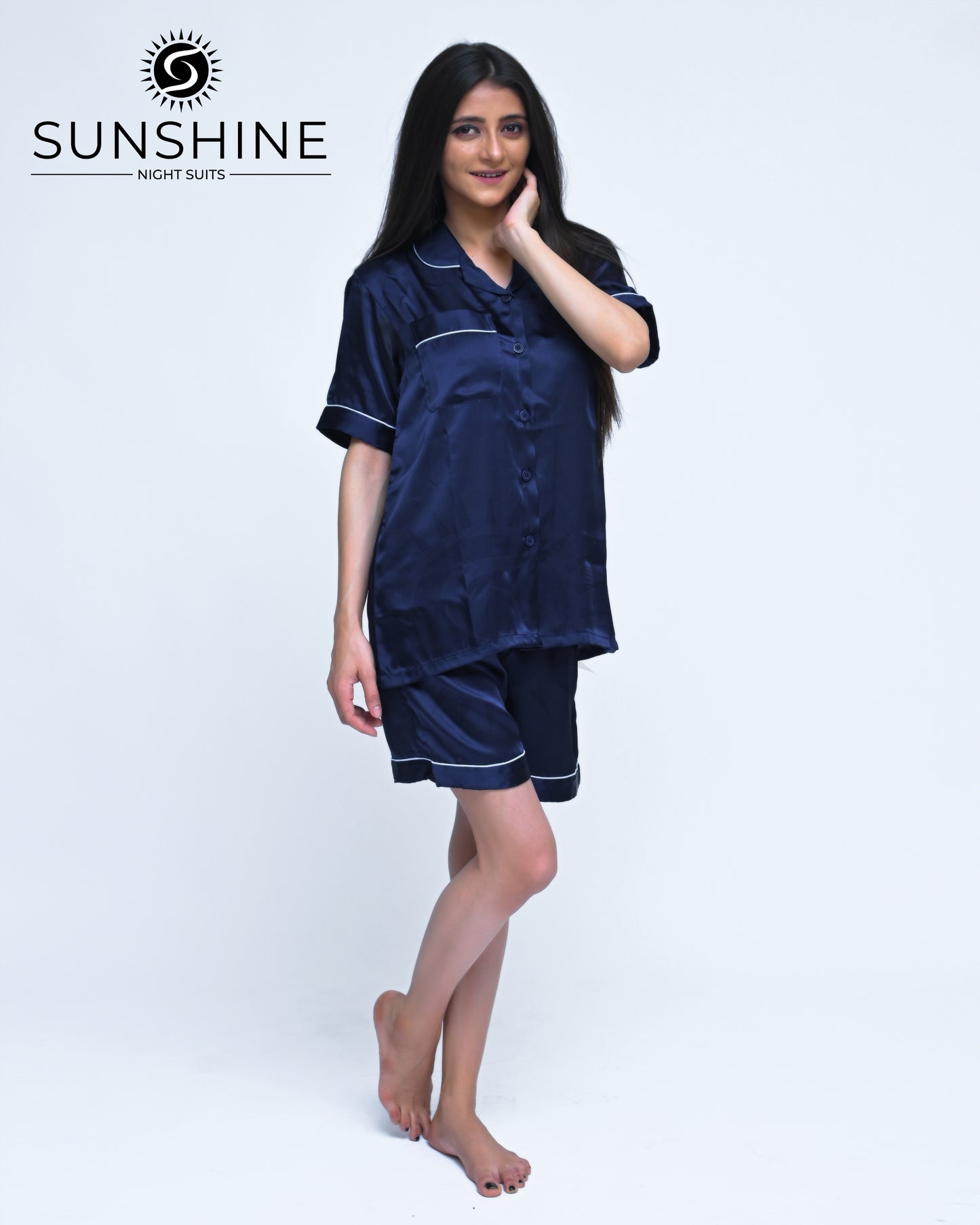 Navy Blue Plain Shamoz Silk Nightdress WSSN-11