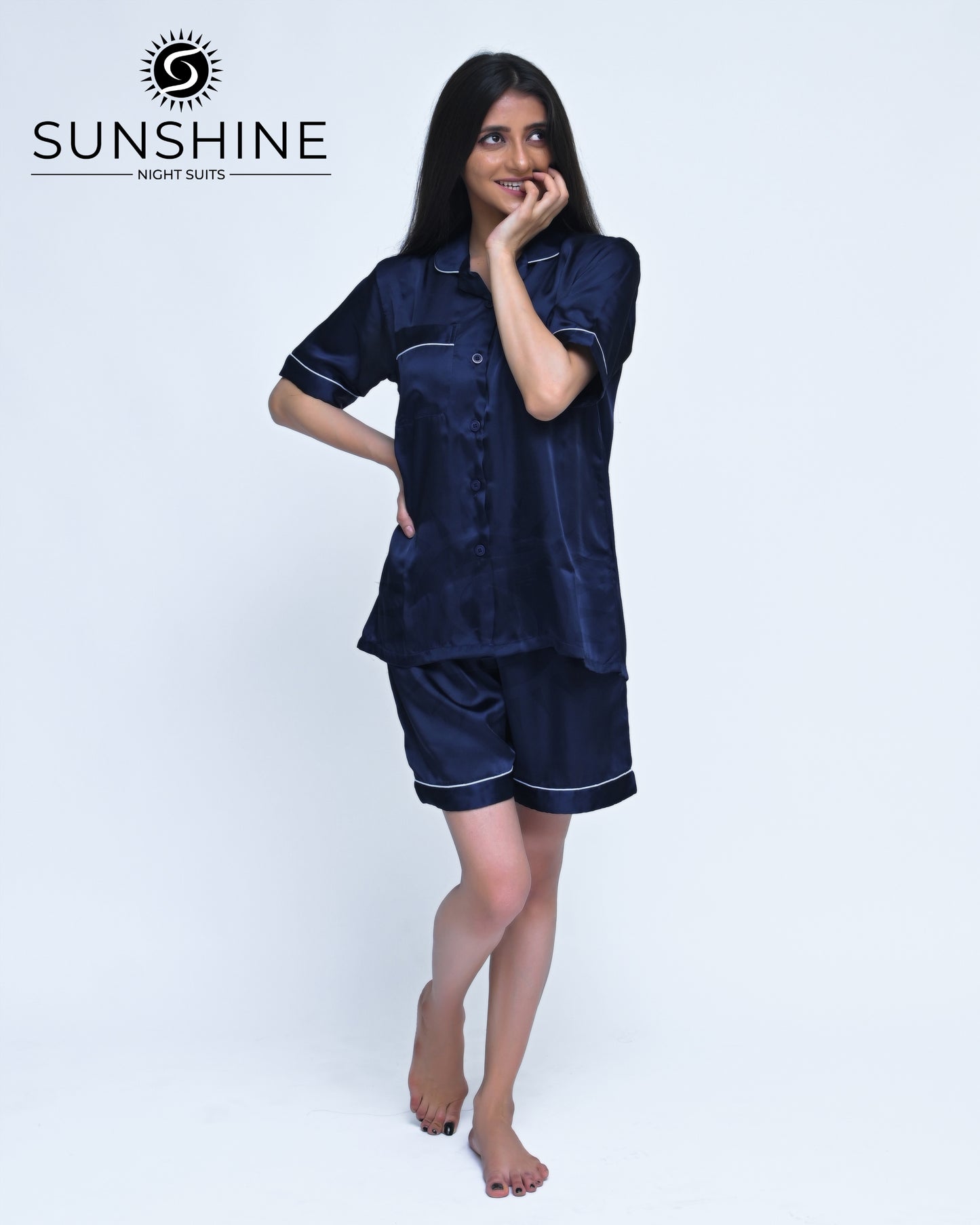 Navy Blue Plain Shamoz Silk Nightdress WSSN-11