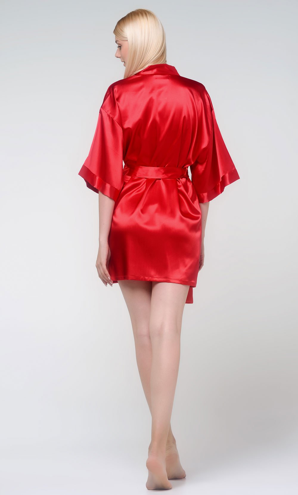 Red Silky Short Kimono Robe WSR-07